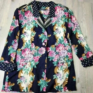 Caroline Little Vintage Women's Floral Black Button Down Blazer Top